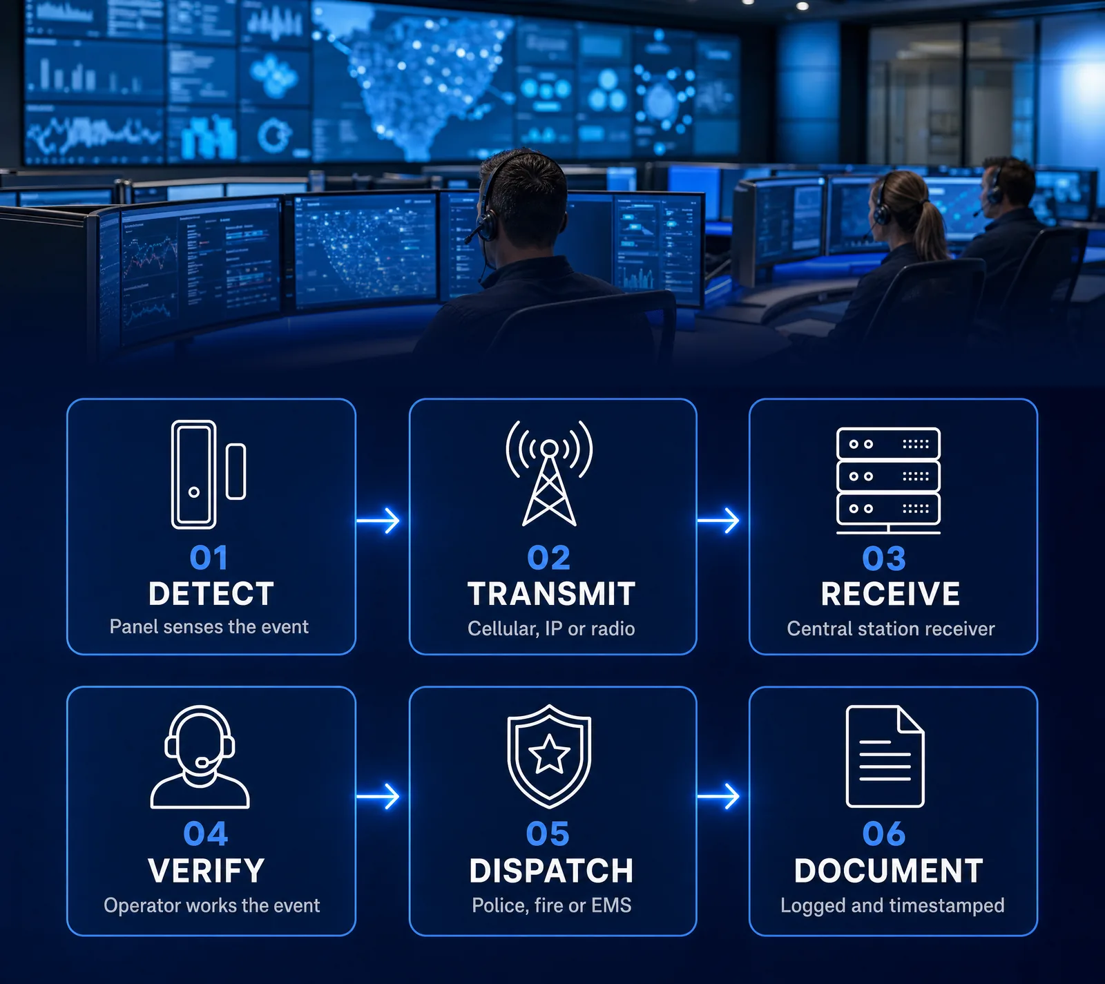Six-step alarm signal path: detect at the panel, transmit over cellular, IP or radio, receive at the central station, verify with an operator, dispatch police, fire or EMS, and document the event with a timestamp.