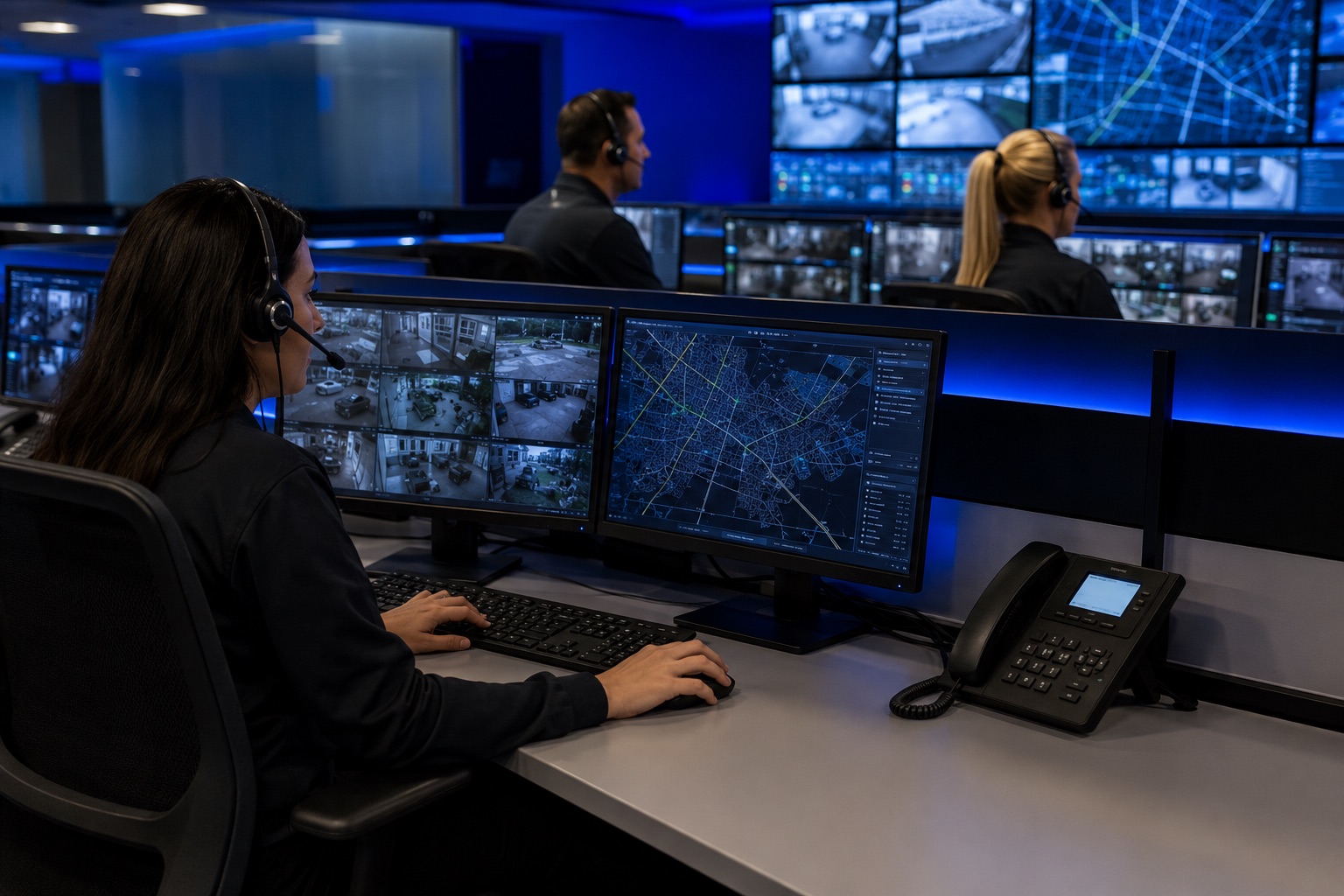 Scutum Digital central station operators monitoring live security camera feeds