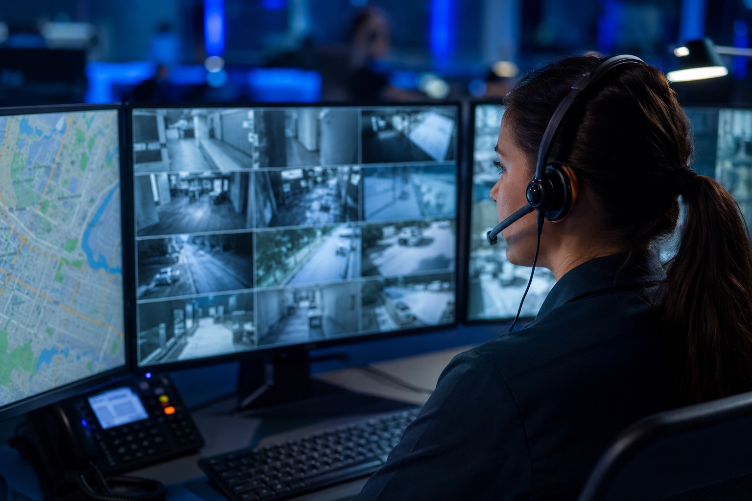 Central station monitoring operator responding to alarm signals at Scutum Digital